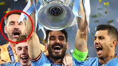 Scott Carson, jugador del Manchester City, posa al fondo de la imagen mientras Ilkay Gündogan levanta el trofeo de la Champions League.