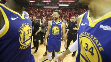 May 10, 2019; Houston, TX, USA; Golden State Warriors guard Stephen Curry (30) reacts after defeating the Houston Rockets in game six of the second round of the 2019 NBA Playoffs at Toyota Center. Mandatory Credit: Thomas B. Shea-USA TODAY Sports