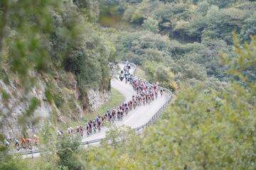 El pelotón de La Vuelta 2021 emerge en una carretera asturiana entre el verde del paraíso natural de esta comunidad, una de las regiones más propicias para la práctica del ciclismo. La 17ª etapa descubrió la Collada Llomena antes de llegar a los Lagos de Covadonga.