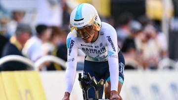 Bahrain - Victorious team's Colombian rider Santiago Buitrago cycles to the finish line of the 5th stage of the 112th edition of the Tour de France cycling race, 33 km individual time trial starting and finishing in Caen, northwestern France, on July 9, 2025. (Photo by Marco BERTORELLO / AFP)