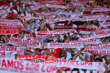 Sevilla fans sing and hold up their scarves in the stands prior to the UEFA Europa League Final match between Sevilla FC and SL Benfica