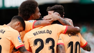 Los jugadores del Atl¨¦tico celebran un gol en el Villamar¨ªn.