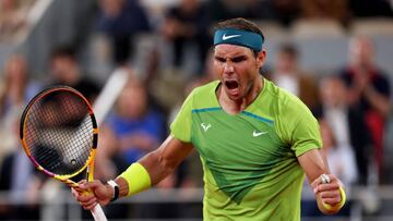 PARIS, FRANCE - JUNE 03: Rafael Nadal of Spain celebrates against Alexander Zverev of Germany during the Men's Singles Semi Final match on Day 13 of The 2022 French Open at Roland Garros on June 03, 2022 in Paris, France (Photo by Clive Brunskill/Getty Images)