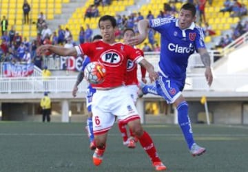 Ftbol, Calera v Universidad de Chile
Decimocuarta fecha, Campeonato de Apertura 2015.
El jugador de Calera, Agustin Gonzalez, izquierda , disputa el baln con Francisco Castro de Universidad de Chile durante el partido de primera divisin en el estadio Lucio Faria de Quillota, Chile.
29/11/2015
Sebastin Cisternas/Photosport******

Football, Calera v Universidad de Chile
Fourteenth date, Aperture Championship 2015.
Calera player, Agustin Gonzalez, left, battles for the ball against Francisco Castro of Universidad de Chile during the first division football match at the Lucio Faria stadium in Quillota, Chile.
29/11/2015
Sebastian Cisternas/Photosport