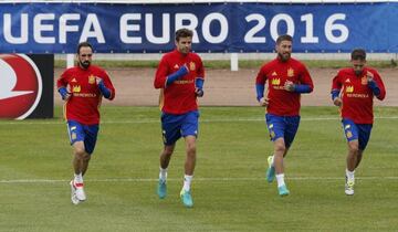 (From left to right) Juanfran Torres, Gerard Piqué, Sergio Ramos and Jordi Alba prepare for Spain's second Group D game on Friday.