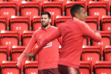 Barcelona's Leo Messi in training at Anfield, Liverpool