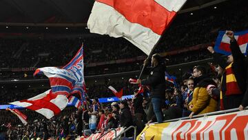 Atletico Madrid fans celebrate at the end of the UEFA Champions League, league phase football match between Club Atletico de Madrid and Bayer Leverkusen at the Metropolitano stadium in Madrid on January 21, 2025. (Photo by JAVIER SORIANO / AFP)