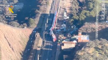 An aerial view shows the scene of a deadly crash of two high-speed trains near Adamuz, in Cordoba, Spain, January 19, 2026 in this screengrab taken from a video. Guardia Civil/via Reuters TV/Handout via REUTERS THIS IMAGE HAS BEEN SUPPLIED BY A THIRD PARTY. MUST NOT OBSCURE LOGO.