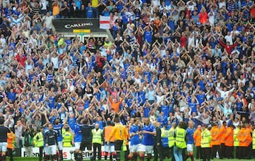 Rangers fans celebrating their 4-2 victory over Celtic in their Scottish Premier League