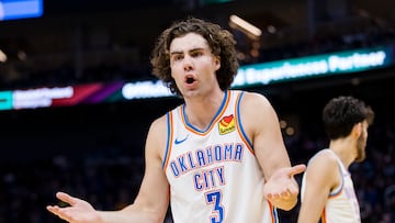 Nov 18, 2023; San Francisco, California, USA; Oklahoma City Thunder guard Josh Giddey (3) reacts after a foul is called in favor of the Golden State Warriors  during the second half at Chase Center. Mandatory Credit: John Hefti-USA TODAY Sports