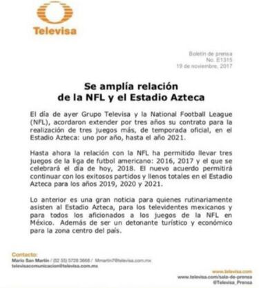 La NFL extiende contrato con México hasta 2021