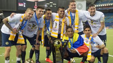 Photo during the celebration after the match Montreal Impact (CAN) vs America (MEX), The match for 2014-2015 Scotiabank CONCACAF Champions League Final, in the photo: (l)-(r) Dario Bendetto, Oribe Peralta, Osmar Mares, Martin Zuniga, Rubens Sambueza, Michael Arroyo
Foto durante la Premiacion posterior al partido Montreal Impact (CAN) vs America (MEX), Partido de Vuelta Correspondiente a la Gran Final del Torneo Scotiabank CONCACAF Liga de Campeones 2014-2015, en la Foto: (i)-(d) Dario Bendetto, Oribe Peralta, Osmar Mares, Martin Zuniga, Rubens Sambueza, Michael Arroyo
29/04/2015/ MEXSPORT / David Leah
Olympic Stadium Montreal