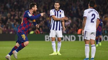 BARCELONA, SPAIN - OCTOBER 29: Lionel Messi of FC Barcelona celebrates after scoring his team's fourth goal during the Liga match between FC Barcelona and Real Valladolid CF at Camp Nou on October 29, 2019 in Barcelona, Spain. (Photo by Alex Caparros