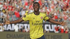 Arsenal&#039;s Eddie Nketiah celebrates after scoring a goal against Fiorentina during the first half of an International Champions Cup soccer match in Charlotte, N.C., Saturday, July 20, 2019. (AP Photo/Chuck Burton)