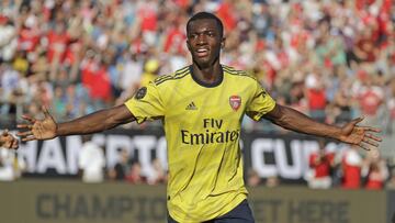 Arsenal&#039;s Eddie Nketiah celebrates after scoring a goal against Fiorentina during the first half of an International Champions Cup soccer match in Charlotte, N.C., Saturday, July 20, 2019. (AP Photo/Chuck Burton)