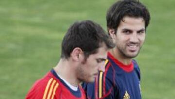 <b>CON NORMALIDAD. </b>Iker Casillas y Cesc, ayer durante un momento del entrenamiento en Las Rozas.