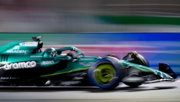 Nov 21, 2025; Las Vegas, NV, USA; Aston Martin Racing driver Lance Stroll (18) during qualifying for the Las Vegas Grand Prix at Las Vegas Strip Circuit. Mandatory Credit: Gary A. Vasquez-Imagn Images