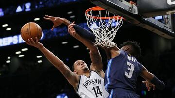 Mar 19, 2017; Brooklyn, NY, USA; Dallas Mavericks forward Nerlens Noel (3) defends against Brooklyn Nets guard K.J. McDaniels (14) during second half at Barclays Center. The Dallas Mavericks defeated the Brooklyn Nets 111-104. fMandatory Credit: Noah K. Murray-USA TODAY Sports