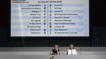 La secretaria general de la Federación Española de Fútbol (RFEF), Esther Gascón (i), junto a la directora de Competiciones de la Federación, Elvira de la Rosa (d), durante el sorteo del campeonato de Liga 2017-2018.