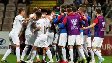 Zenica (Bosnia And Herzegovina), 08/09/2023.- Players of Liechtenstein celebrate after scoring during the UEFA EURO 2024 qualifying soccer match between Bosnia & Herzegovina and Liechtenstein in Zenica, Bosnia and Hercegovina, 08 September 2023. (Bosnia-Herzegovina) EFE/EPA/FEHIM DEMIR
