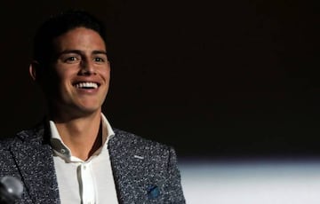 Colombian soccer player James Rodriguez reacts during the presentation of the videogame "Warrior Children" in Bogota, Colombia May 27, 2019