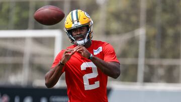 BRA50. SAO PAULO (BRASIL), 5/09/2024.- El jugador del Green Bay Packers de la NFL, Malik Willis, participa durante un entrenamiento con sus compañeros, este jueves en la sede del club Corinthians en Sao Paulo (Brasil). Este viernes São Paulo y su Corinthians Arena se convertirán en la primera ciudad sudamericana que es sede de un juego de la NFL, chocarán Philadelphia Eagles y Green Bay Packers, un partido histórico para esta liga que busca expandir su popularidad a todas las latitudes. EFE/ Sebastião Moreira