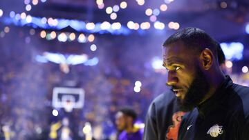 SAN FRANCISCO, CALIFORNIA - MAY 04: LeBron James #6 of the Los Angeles Lakers looks on prior to facing the Golden State Warriors in game two of the Western Conference Semifinal Playoffs at Chase Center on May 04, 2023 in San Francisco, California. NOTE TO USER: User expressly acknowledges and agrees that, by downloading and or using this photograph, User is consenting to the terms and conditions of the Getty Images License Agreement.   Ezra Shaw/Getty Images/AFP (Photo by EZRA SHAW / GETTY IMAGES NORTH AMERICA / Getty Images via AFP)