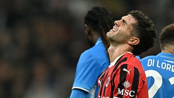 AC Milan's American forward #11 Christian Pulisic reacts during the Italian Serie A football match Ac Milan vs Napoli at San Siro Meazza stadium in Milan on October 29, 2024. (Photo by Gabriel BOUYS / AFP)