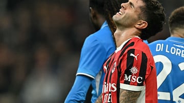 AC Milan's American forward #11 Christian Pulisic reacts during the Italian Serie A football match Ac Milan vs Napoli at San Siro Meazza stadium in Milan on October 29, 2024. (Photo by Gabriel BOUYS / AFP)