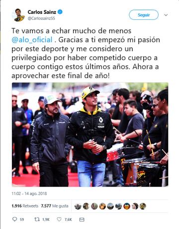 El piloto Carlos Sainz agracede el apoyo que recibi¨® de Fernando Alonso todos estos a?os.