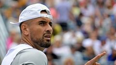 Aug 12, 2022; Montreal, QC, Canada; Nick Kyrgios (AUS) gestures during his match against Hubert Hurkacz (POL) (not pictured) in quarterfinal play in the National Bank Open at IGA Stadium. Mandatory Credit: Eric Bolte-USA TODAY Sports