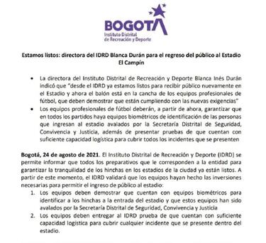 IDRD pide equipos biométricos para el regreso de los hinchas