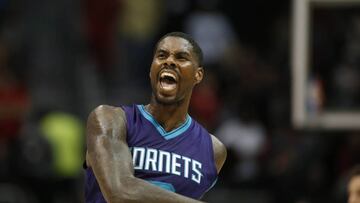 Dec 17, 2016; Atlanta, GA, USA; Charlotte Hornets forward Marvin Williams (2) celebrates a basket in the fourth quarter of their game against the Atlanta Hawks at Philips Arena. The Hornets won 107-99. Mandatory Credit: Jason Getz-USA TODAY Sports