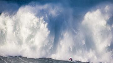 NAZARE, PORTUGAL - DECEMBER 12:  Kealii Mamala of Hawaii  surfs during Heat 2 of Round  1of the TUDOR Nazaré Tow Surfing Challenge presented by Jogos Santa Casa on December 12, 2021 in Nazare, Portugal. (Photo by Laurent Masurel/World Surf League)