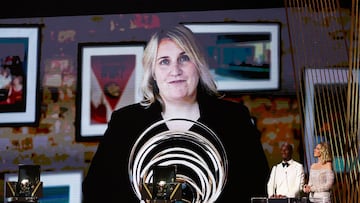 US' English head coach Emma Hayes (screen) receives the Johan Cruyff Best Female Club team's Head Coach of the Year trophy during the 2024 Ballon d'Or France Football award ceremony at the Theatre du Chatelet in Paris on October 28, 2024. (Photo by Franck FIFE / AFP)