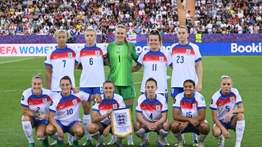 England's team players, (From L) England's defender #02 Lucy Bronze, England's forward #07 Lauren James, England's midfielder #10 Ella Toone, England's defender #06 Leah Williamson, England's midfielder #08 Georgia Stanway, England's goalkeeper #01 Hannah Hampton, England's midfielder #04 Keira Walsh, England's forward #11 Lauren Hemp, England's forward #23 Alessia Russo, England's defender #16 Jessica Carter and England's defender #05 Alex Greenwood pose ahead of the UEFA Women's Euro 2025 quarter-final football match between Sweden and England at Letzigrund Stadium in Zurich, on July 17, 2025. (Photo by SEBASTIEN BOZON / AFP)