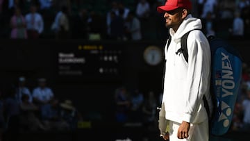 LONDON, ENGLAND - JULY 10: Runner up Nick Kyrgios of Australia looks on following his defeat to Novak Djokovic of Serbia during their Men's Singles Final match on day fourteen of The Championships Wimbledon 2022 at All England Lawn Tennis and Croquet Club on July 10, 2022 in London, England. (Photo by Stringer/Anadolu Agency via Getty Images)