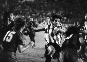 Athletic Club's Andoni Goikotxea fights with Barcelona's Diego Maradona during this memorable brawl in the 1984 Copa del Rey final.