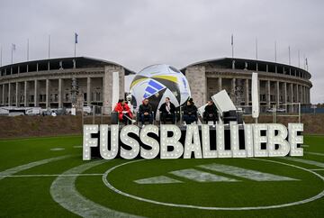 Berlin (Germany), 15/11/2023.- A lettering reads 'Love of football' during the presentation of the official match ball of the UEFA Euro 2024 during a special event in Berlin, Germany, 15 November 2023. Germany will host the UEFA Euro 2024 tournament from 14 June to 14 July 2024. (Alemania) EFE/EPA/FILIP SINGER