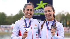 MUNICH, GERMANY - AUGUST 21: Silver Medalists, Maria Corbera and Antia Jacome of Spain celebrate in the Women's Canoe Double 200m Medal Ceremony during the Canoe Sprint competition on day 11 of the European Championships Munich 2022 at Munich Olympic Regatta Centre on August 21, 2022 in Munich, Germany. (Photo by Sebastian Widmann/Getty Images)