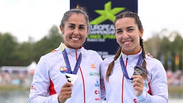MUNICH, GERMANY - AUGUST 21: Silver Medalists, Maria Corbera and Antia Jacome of Spain celebrate in the Women's Canoe Double 200m Medal Ceremony during the Canoe Sprint competition on day 11 of the European Championships Munich 2022 at Munich Olympic Regatta Centre on August 21, 2022 in Munich, Germany. (Photo by Sebastian Widmann/Getty Images)