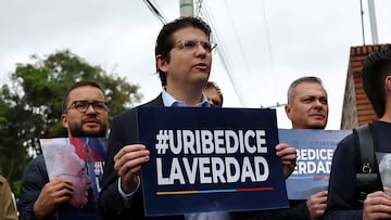 FILE PHOTO: Colombian Senator Miguel Uribe, of the Democratic Center party, attends a protest in support of former Colombian President Alvaro Uribe, in Bogota, Colombia May 5, 2025. REUTERS/Luisa Gonzalez/File Photo