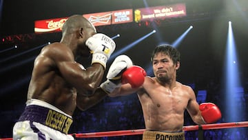 Manny Pacquiao lucha con Timothy Bradley Jr. en la pelea celebrada el pasado 9 de abril en el MGM Arena de Las Vegas.