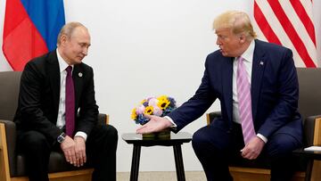 FILE PHOTO: U.S. President Donald Trump gestures during a bilateral meeting with Russia's President Vladimir Putin at the G20 leaders summit in Osaka, Japan, June 28, 2019. REUTERS/Kevin Lamarque//File Photo