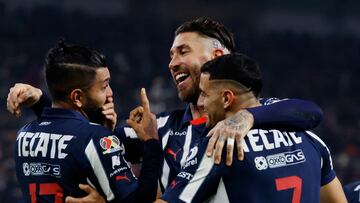 Soccer Football - Liga MX - Monterrey v Atletico San Luis - Estadio BBVA, Monterrey, Mexico - February 22, 2025 Monterrey's German Berterame celebrates scoring their third goal with Sergio Ramos and Jesus Corona REUTERS/Daniel Becerril