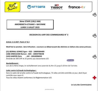 Egan Bernal recibe multa en el Tour de Francia tras la etapa 3