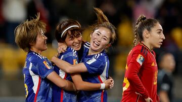 Soccer Football - FIFA Women’s World Cup Australia and New Zealand 2023 - Group C - Japan v Spain - Wellington Regional Stadium, Wellington, New Zealand - July 31, 2023 Japan's Hinata Miyazawa celebrates scoring their third goal with Risa Shimizu and Honoka Hayashi as Spain's Olga Carmona reacts REUTERS/Amanda Perobelli