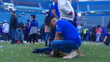 Aficionado de Cruz Azul arranca pedazo de c¨¦sped del estadio