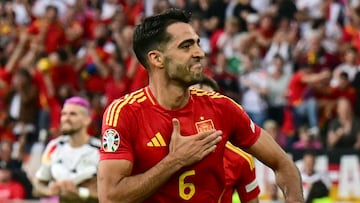 Mikel Merino, exjugador de la Real Sociedad y nuevo jugador del Arsenal, celebra el gol anotado con Espa?a en los cuartos de final de la Eurocopa 2024 contra Alemania.