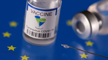 Vials labelled "Sinopharm coronavirus disease (COVID-19) vaccine" placed on displayed EU flag are seen in this illustration picture taken March 24, 2021. REUTERS/Dado Ruvic/Illustration